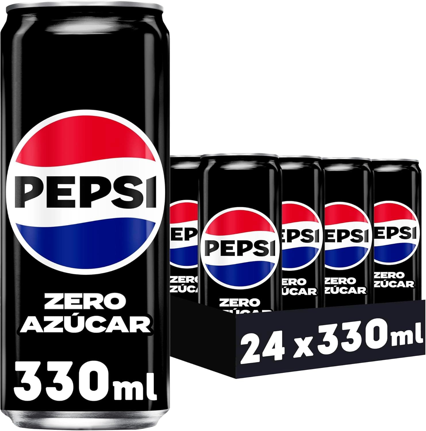 Pack 24 Latas Pepsi zero Refresco de cola con cero azúcar y cero calorías, 330 ml.